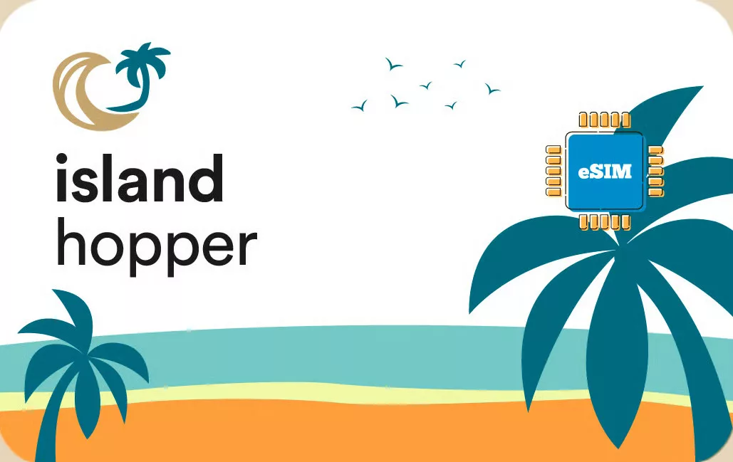 A traveler using a smartphone with an eSIM data plan while island hopping in the Caribbean islands.