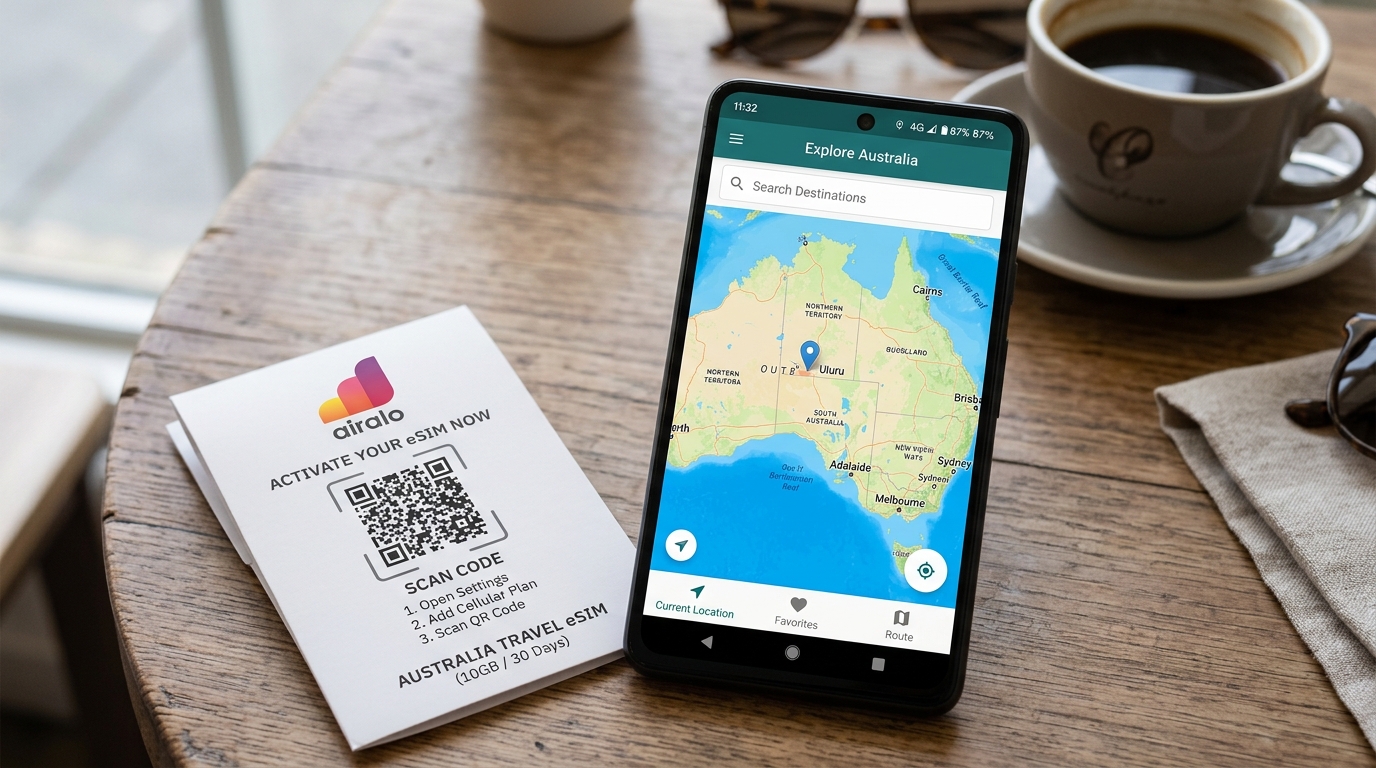 Smartphone a mostrar uma aplicação de mapa de viagem da Austrália com um código QR de eSIM