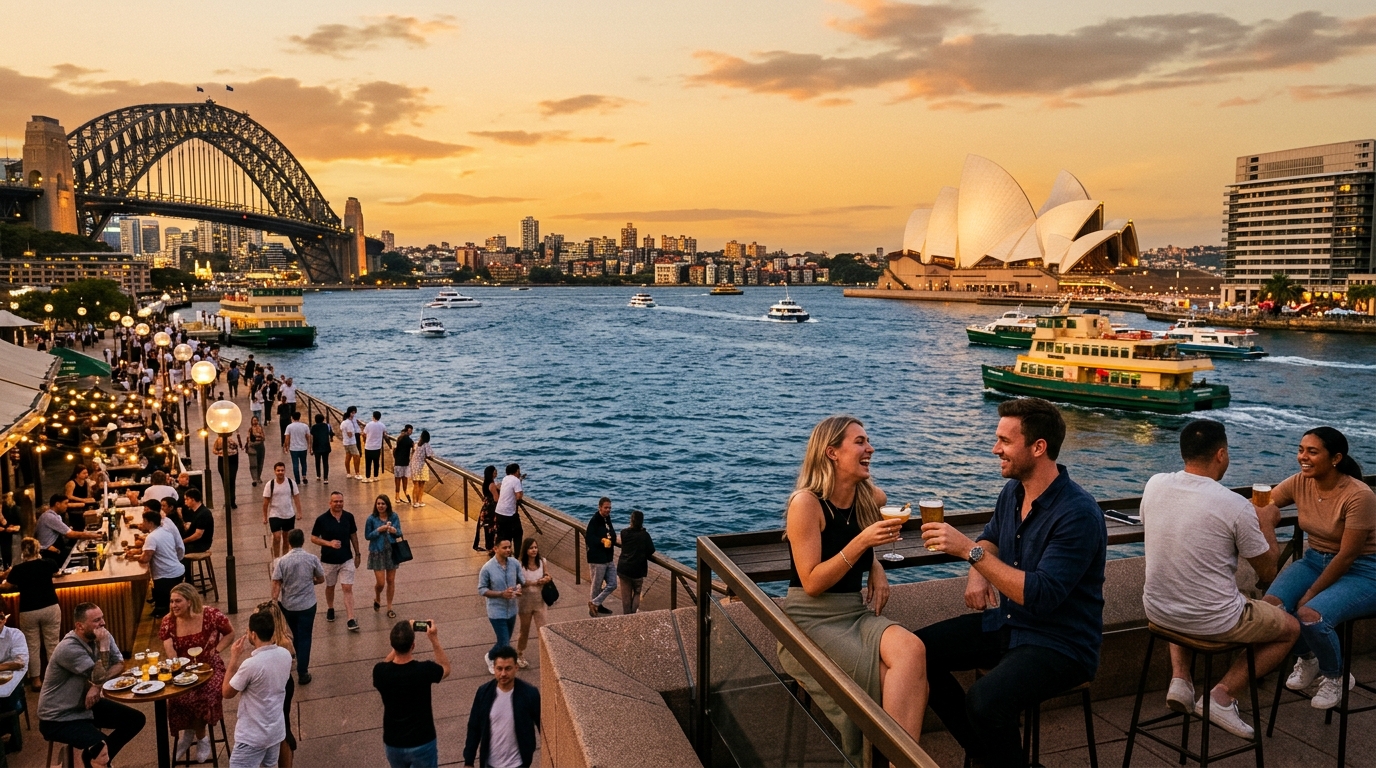 Porto de Sydney com a Ópera ao fundo durante a hora dourada