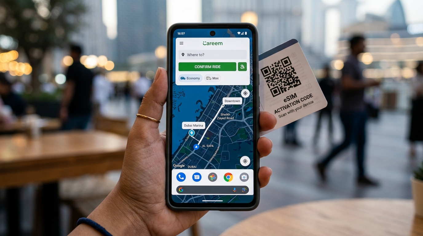 Careem 앱이 표시된 스마트폰 화면 클로즈업, 근처에 eSIM QR 코드가 있음.