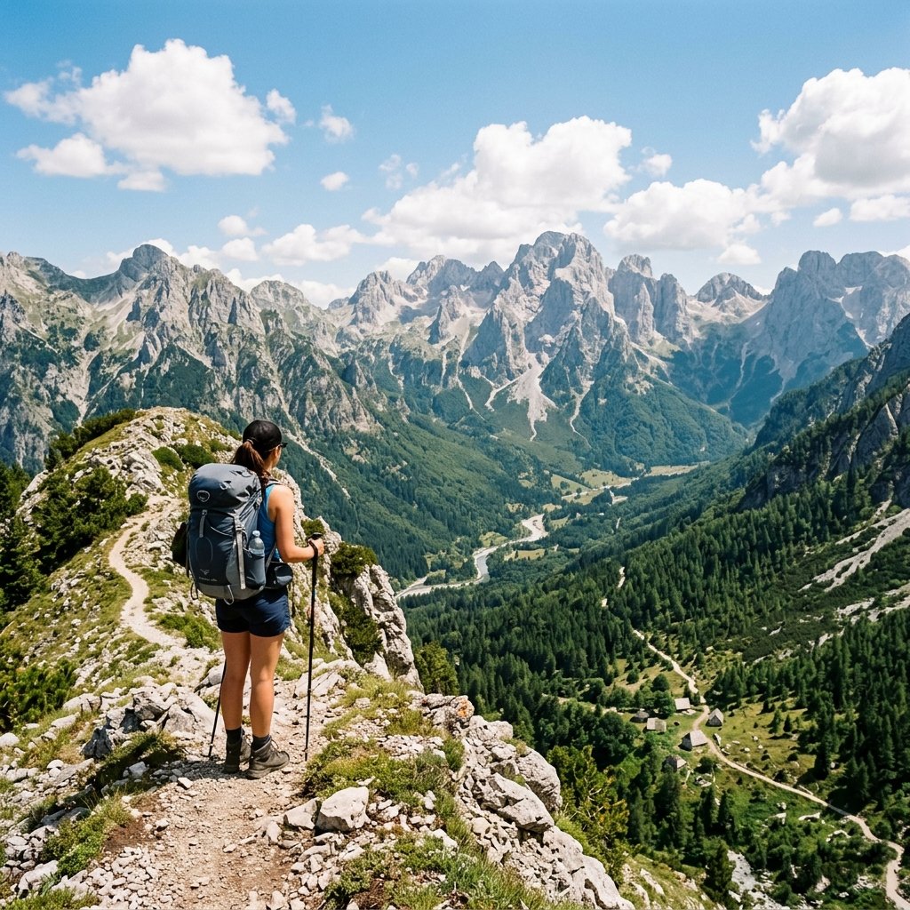 Dramatic scenic view of the Accursed Mountains in Albania with a hiker standing on a ridge looking out over green pine tree valley