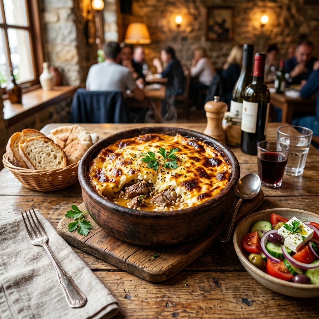 Traditional Albanian dish Tave Kosi served hot in a rustic clay pot on a wooden restaurant table with tender lamb and baked yogurt