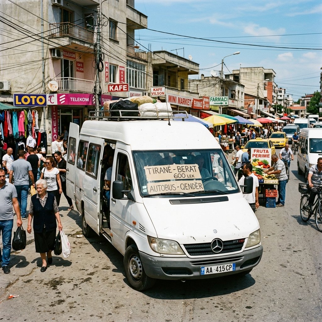 A white furgon Mercedes-Benz Sprinter minibus parked at a busy street market transit station in Tirana Albania with cardboard destination signs