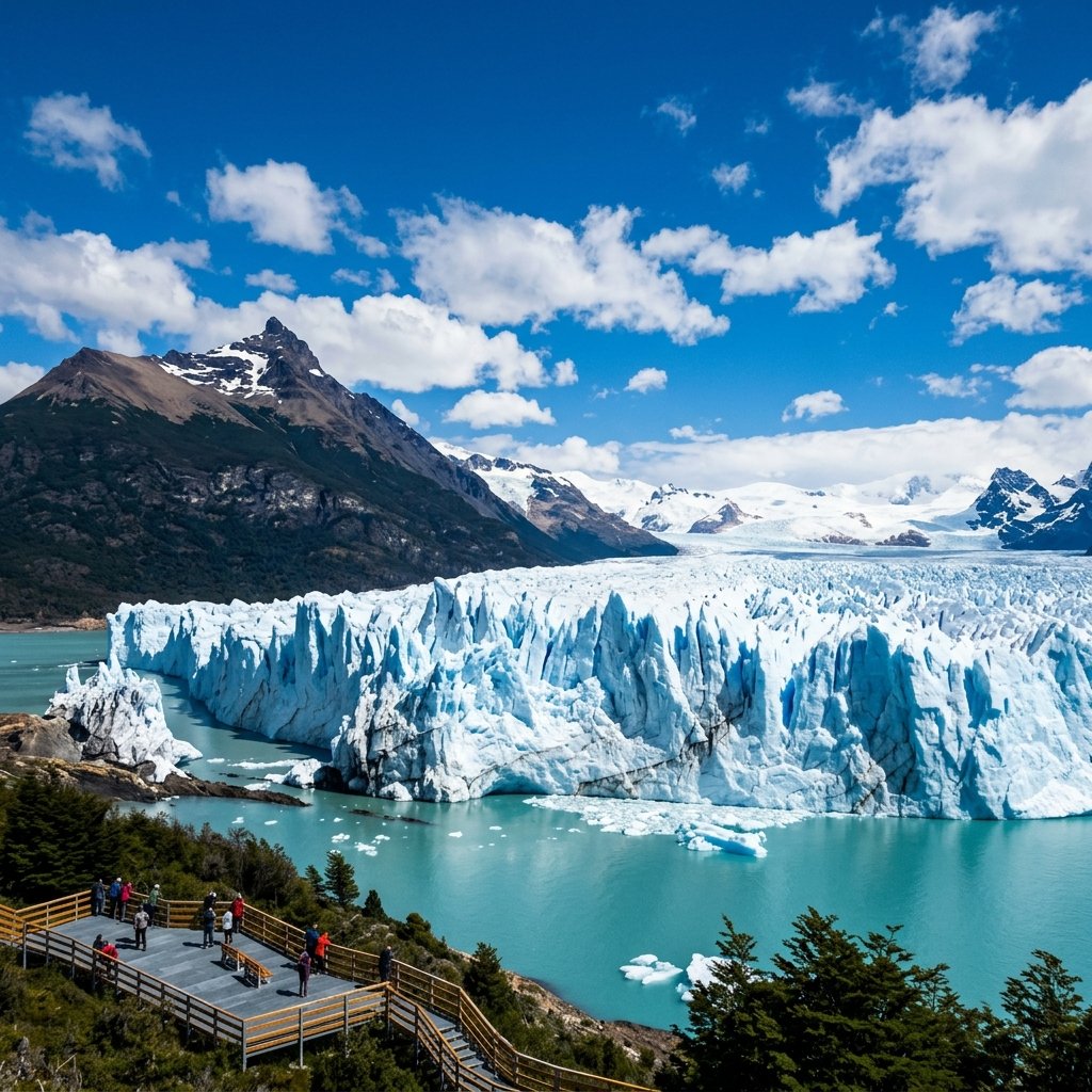 The massive blue wall of the Perito Moreno Glacier rising from the water in Patagonia Argentina