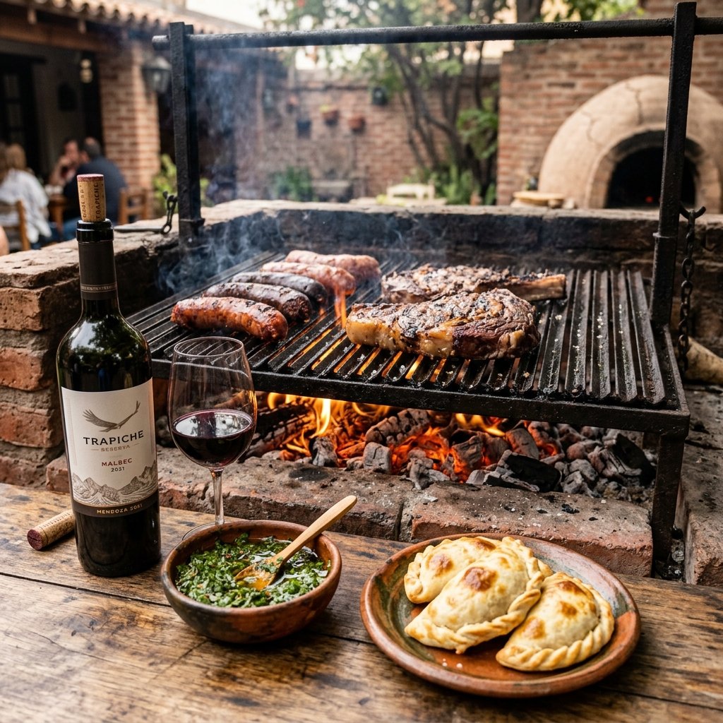 An authentic Argentine asado barbecue grilling on a parrilla alongside empanadas and red wine Malbec