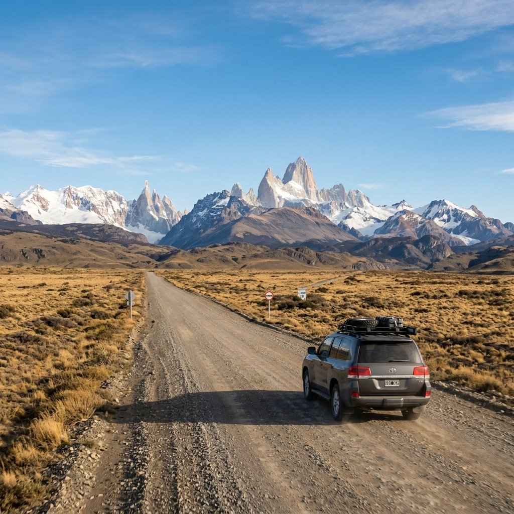 A road trip along Ruta 40 in Patagonia Argentina with an SUV driving toward the snowy Andes mountains