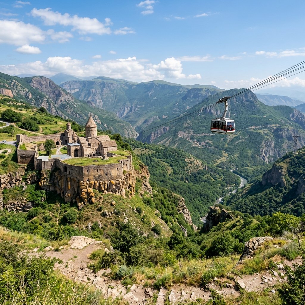 High angle view of Tatev Monastery perched on cliff and the Wings of Tatev cable car cabin soaring over the green Vorotan Gorge