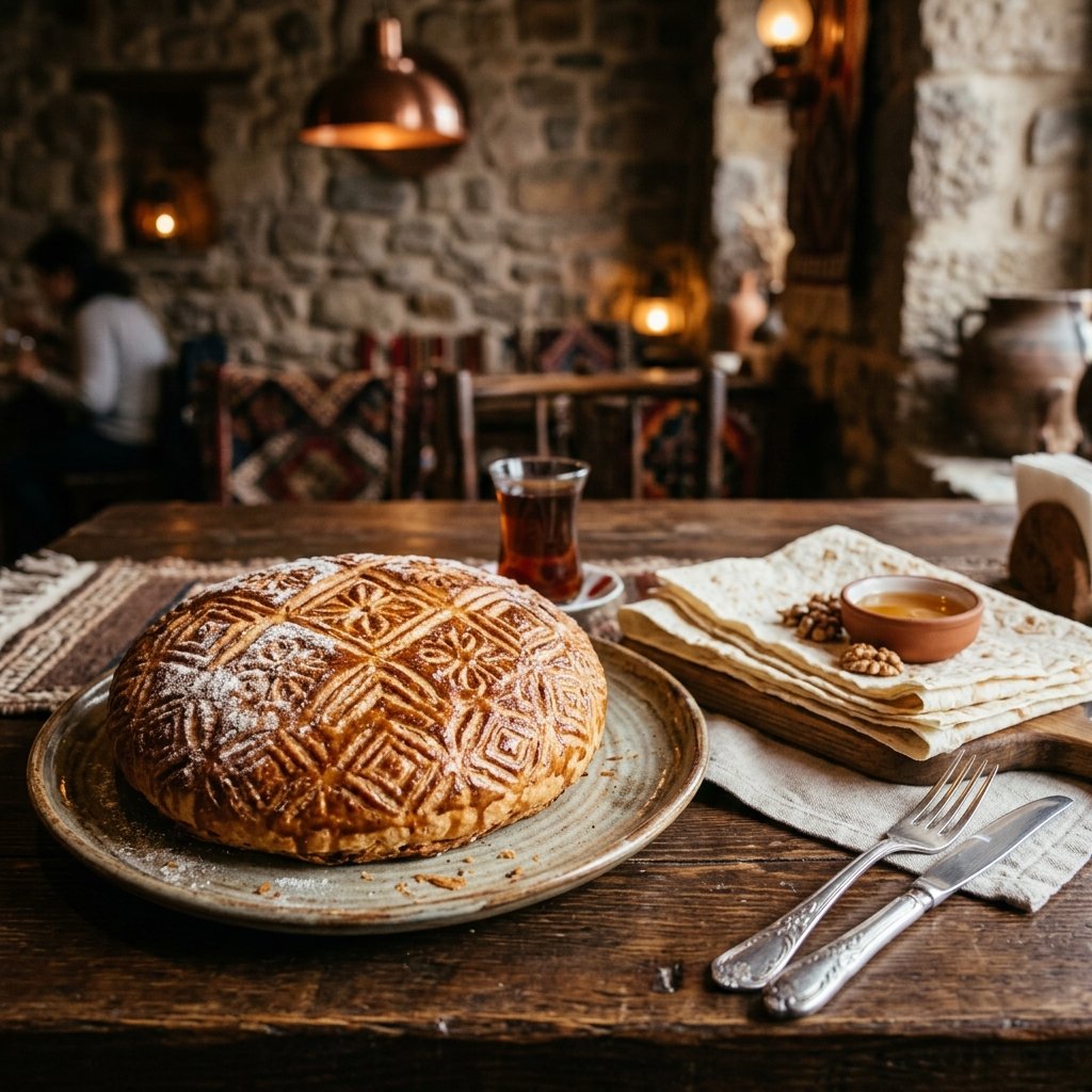 Sweet Gata pastry stamped with traditional patterns served warm alongside fresh flatbread lavash on a rustic restaurant table in Armenia