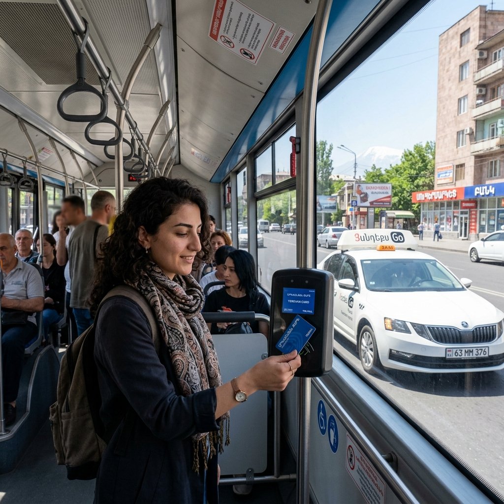 Yerevan transit bus with passenger tapping a transport card validation scanner and Yandex Go taxi driving outside