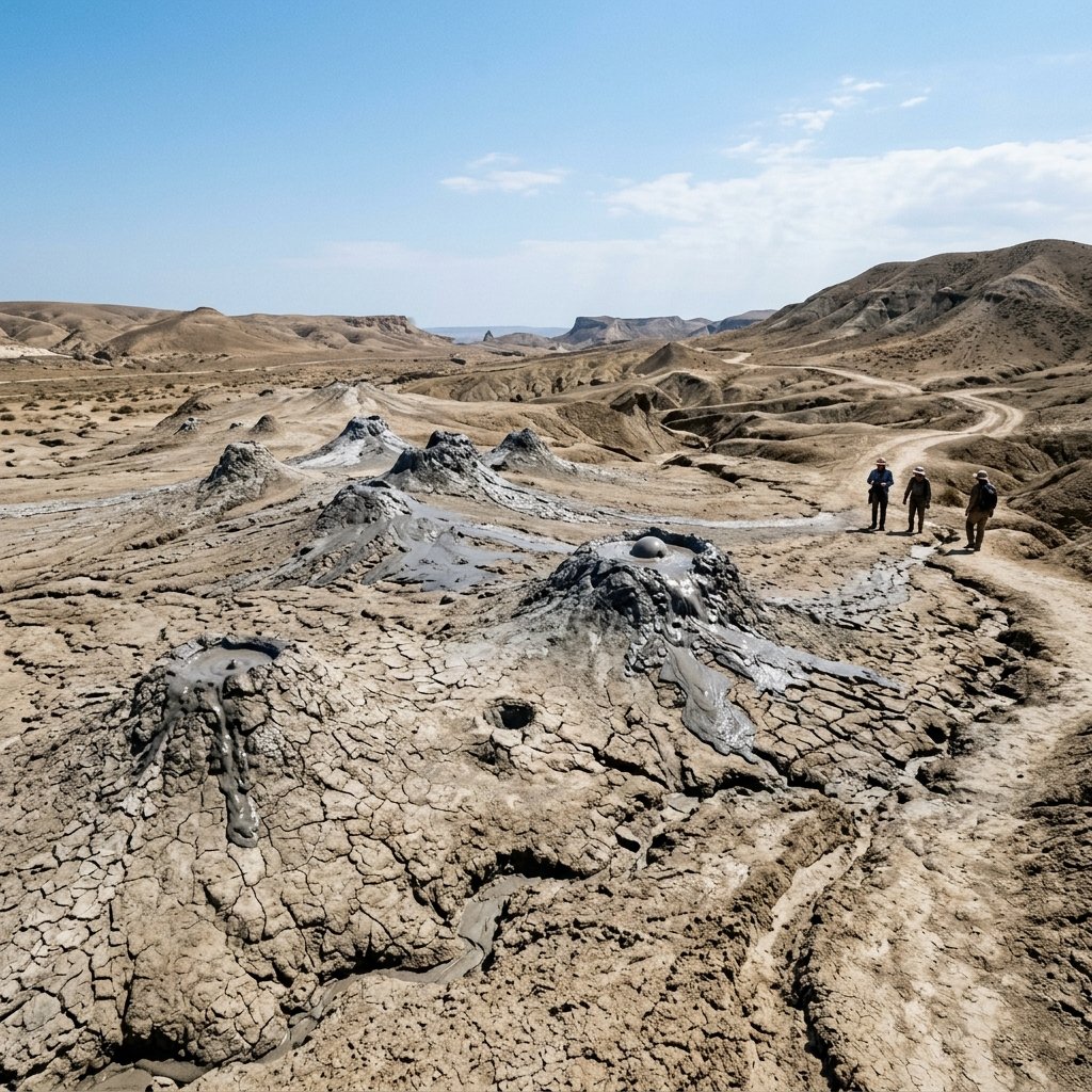Bubbling grey mud volcanoes on cracked dry earth under a bright sky in Gobustan Azerbaijan