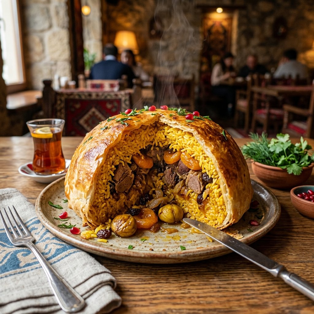 Traditional Azerbaijani Shah Plov dome shaped rice dish with crispy lavash crust sliced open to show saffron rice and meat
