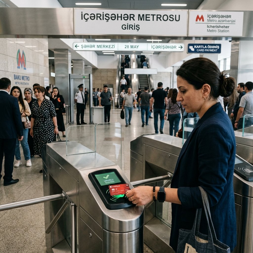 Baku public transit entrance turnstile with passenger hand tapping contactless credit card on reader