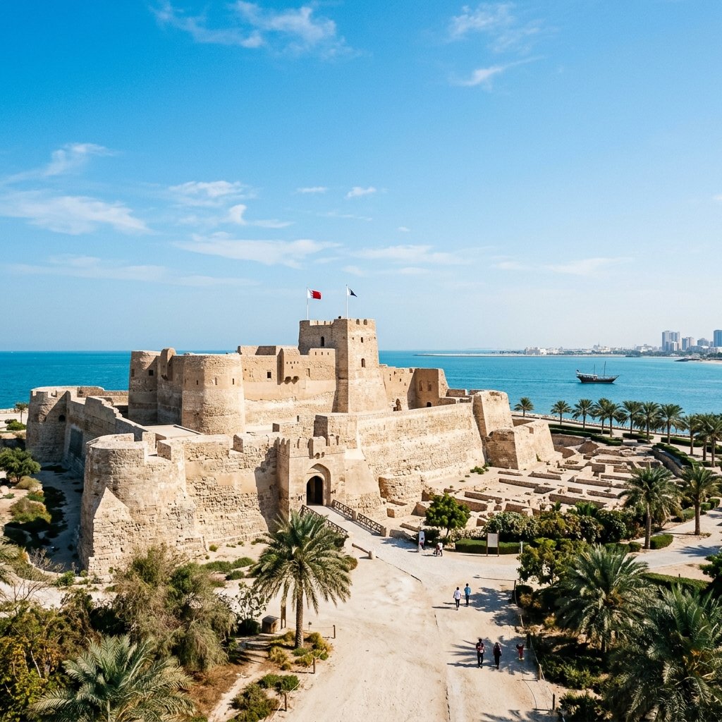 Una splendida vista della fortezza di Qal'at al-Bahrain sotto un sole splendente del deserto