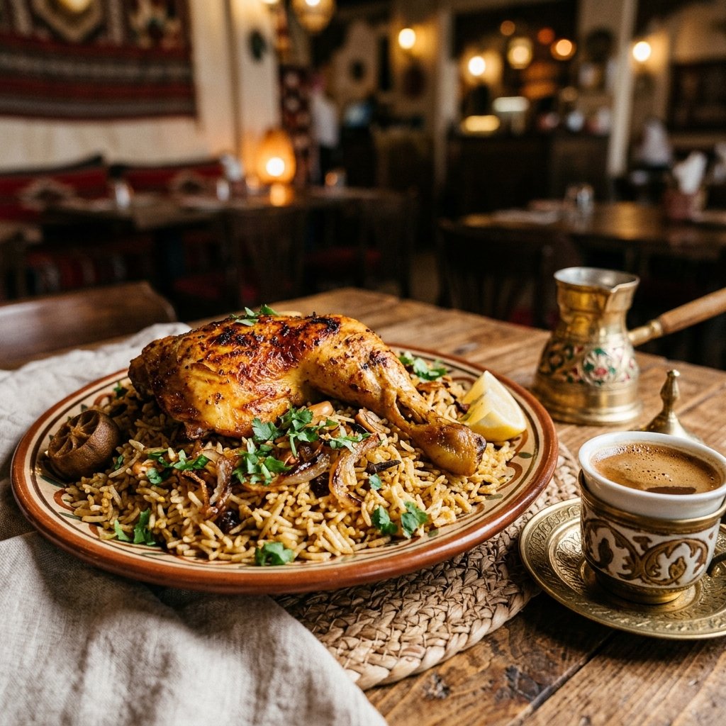 Un piatto tradizionale Machboos del Bahrain con riso speziato e coscia di pollo arrosto dorata