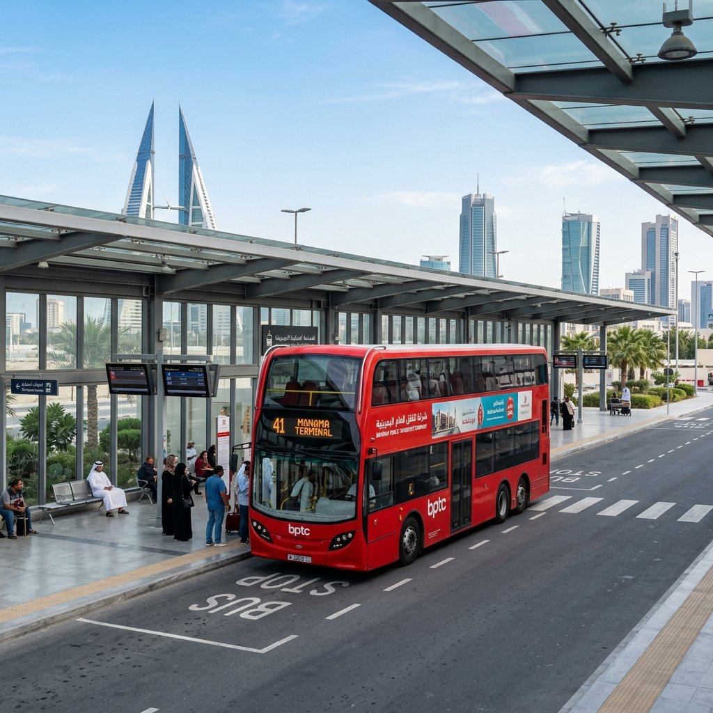 Un moderno autobus pubblico rosso a due piani parcheggiato in un pulito terminal di transito a Manama