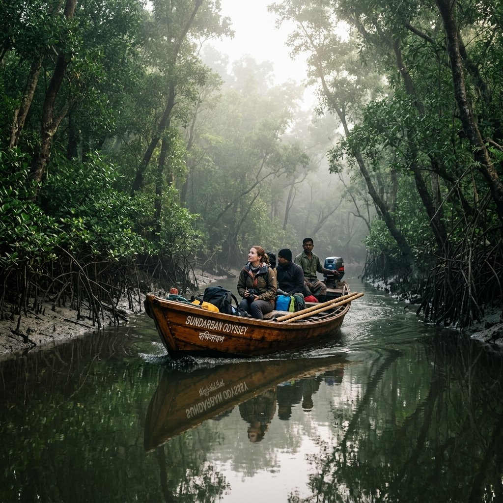 A traditional wooden boat sailing through a misty river inside the Sundarbans mangrove forest in Bangladesh