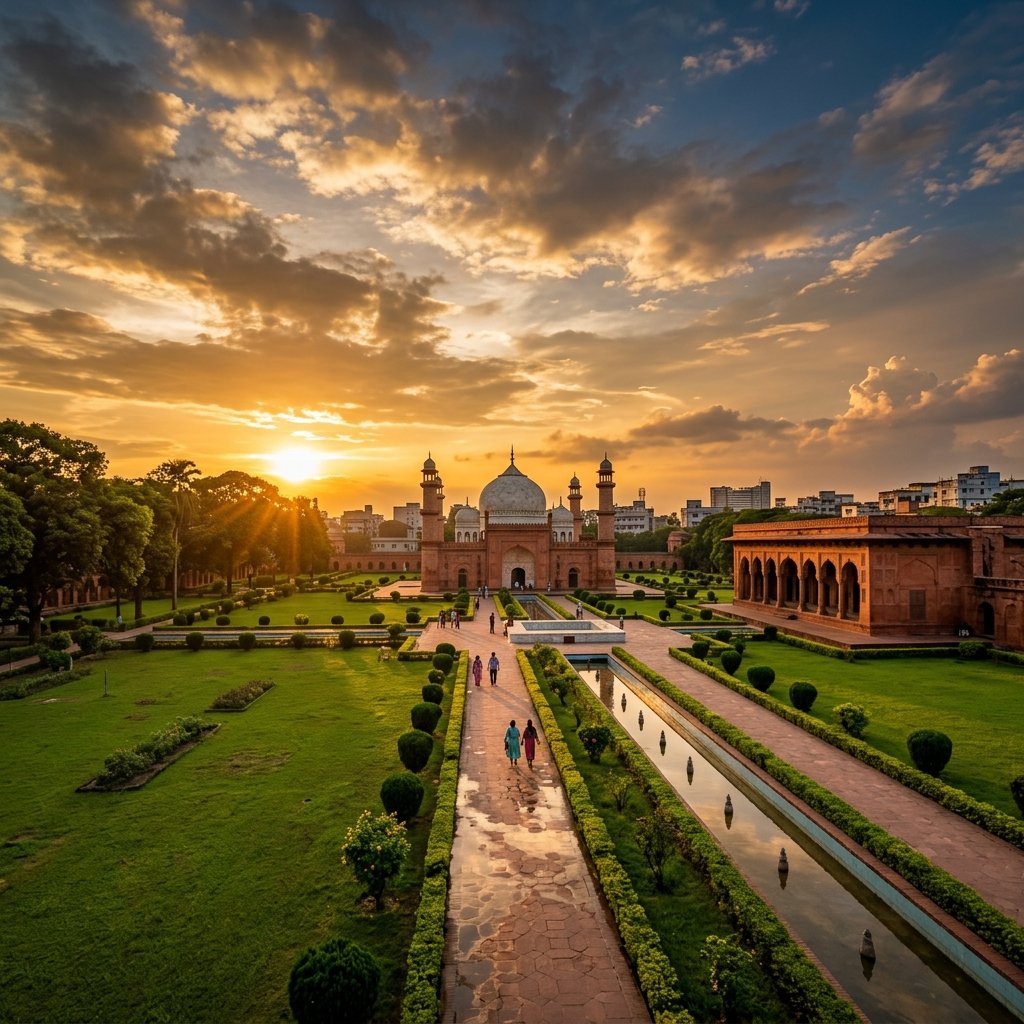 A stunning landscape photo of Lalbagh Fort in Old Dhaka Bangladesh under warm sunset light