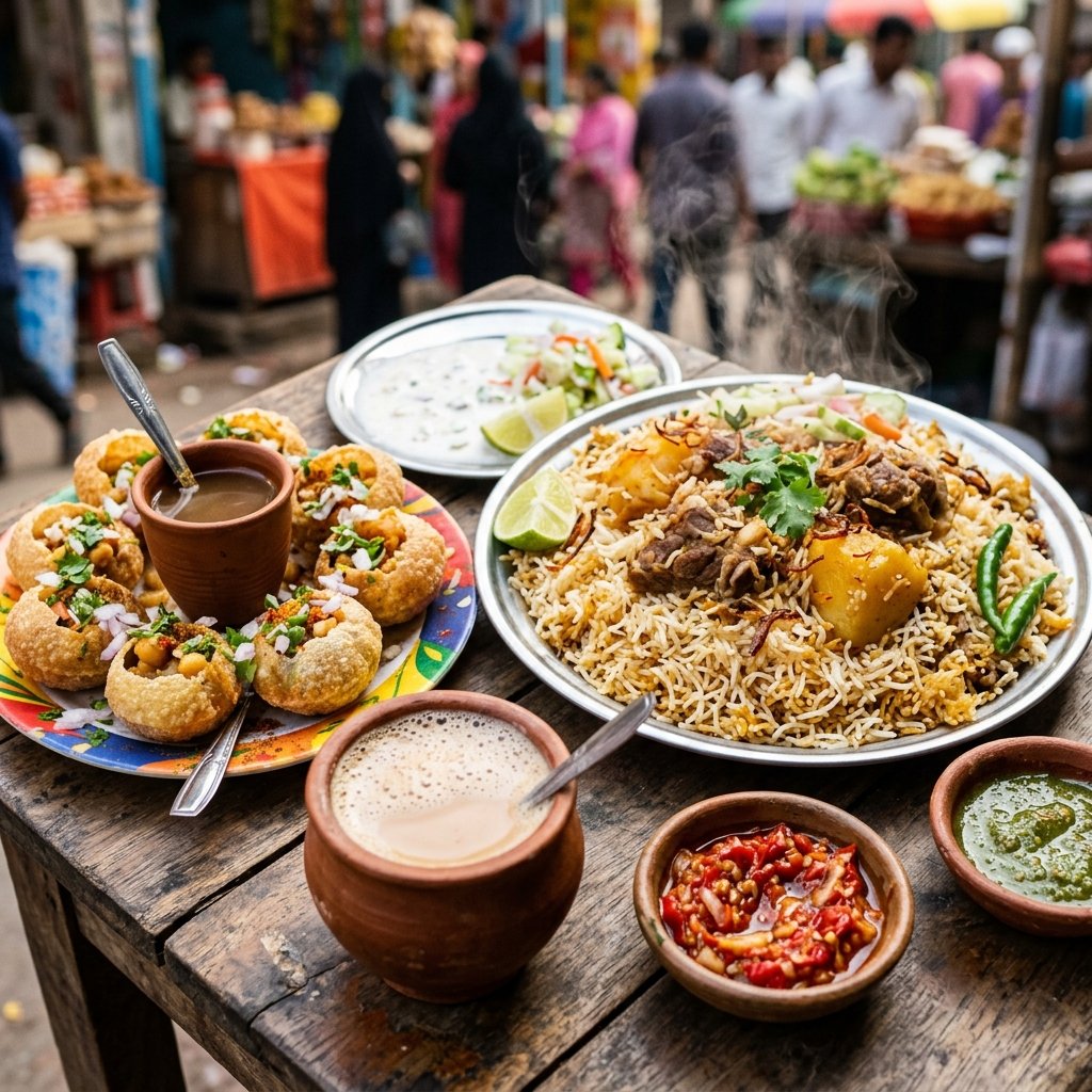 A mouthwatering spread of traditional mutton Kacchi Biryani crispy Fuchka street food and spiced Cha milk tea
