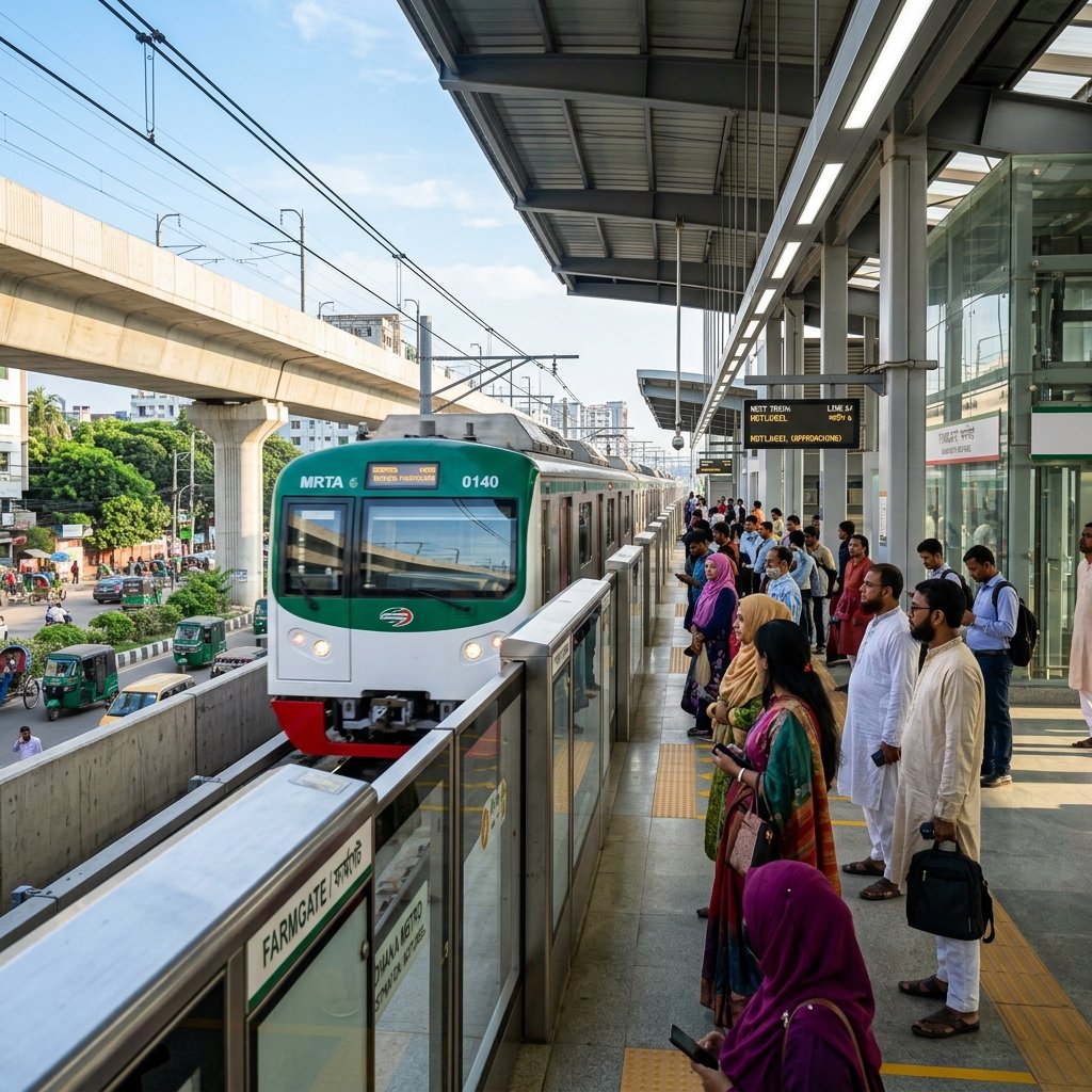 A sleek modern elevated train of Dhaka Metro Rail Line 6 passing through a station platform in Dhaka