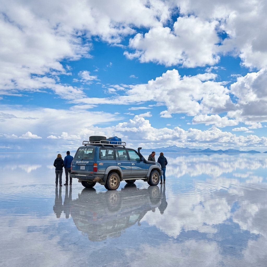 A scenic view of a 4x4 tourist vehicle parked on the mirror flooded surface of Uyuni Salt Flats