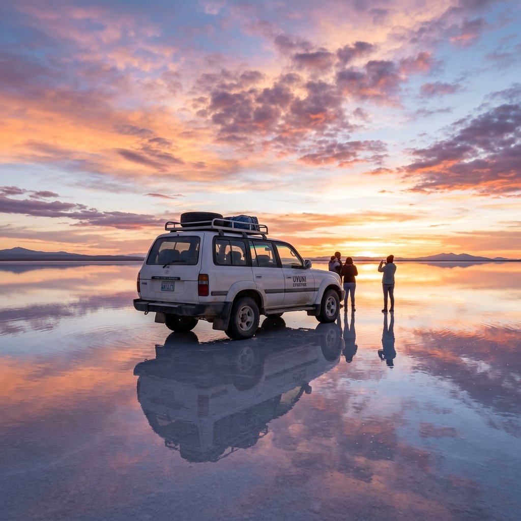 Um veiculo turistico 4x4 estacionado na superficie alagada espelhada do Salar de Uyuni ao por do sol