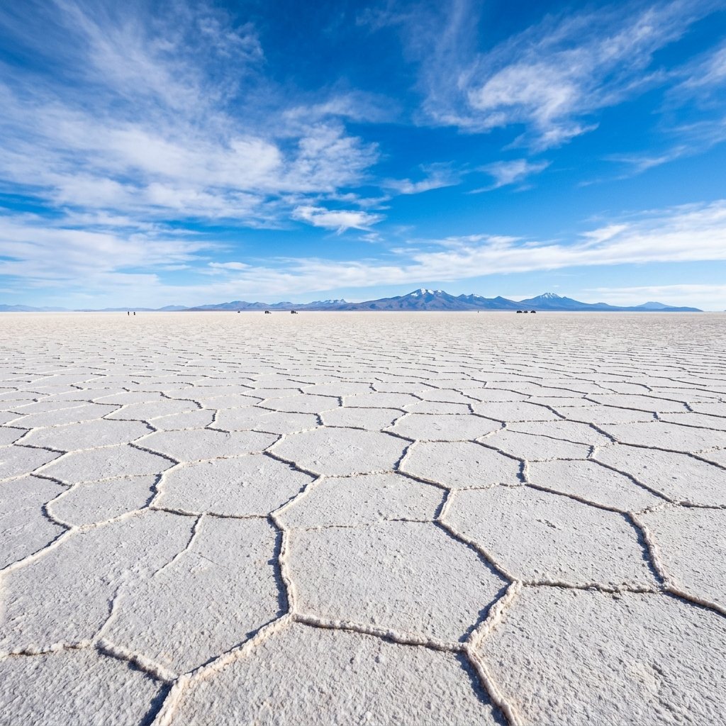 A stunning landscape view of the Uyuni Salt Flats under a bright blue sky
