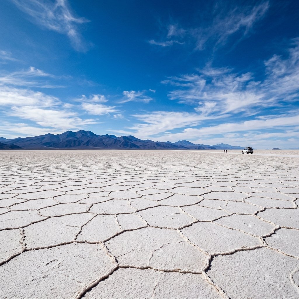 Uma imagem de grande angular do Salar de Uyuni na Bolivia exibindo os padrões de sal
