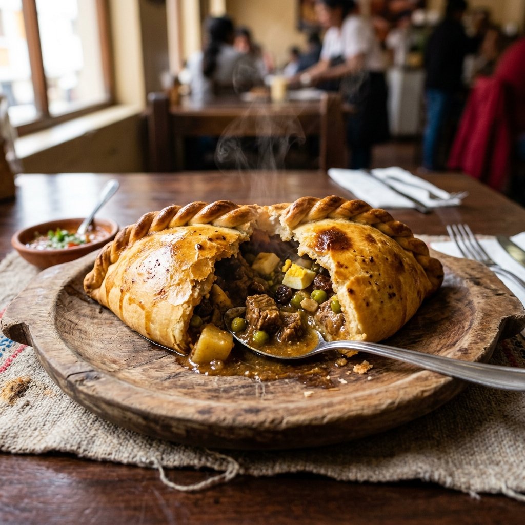 A close-up appetizing photo of a traditional Bolivian salteña served on a rustic plate