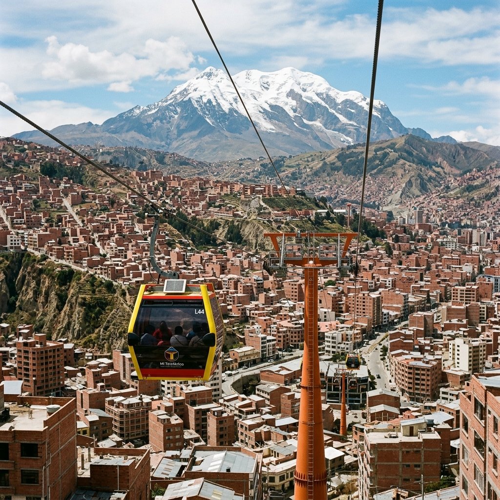 The yellow and red cabin of the Mi Teleférico cable car floating above La Paz cityscape