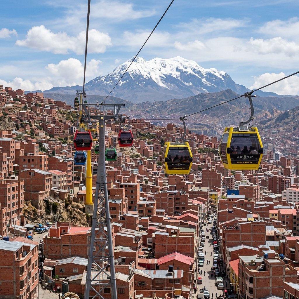 Cabines amarelas e vermelhas do teleferico Mi Teleferico flutuando acima da cidade de tijolos de La Paz na Bolivia