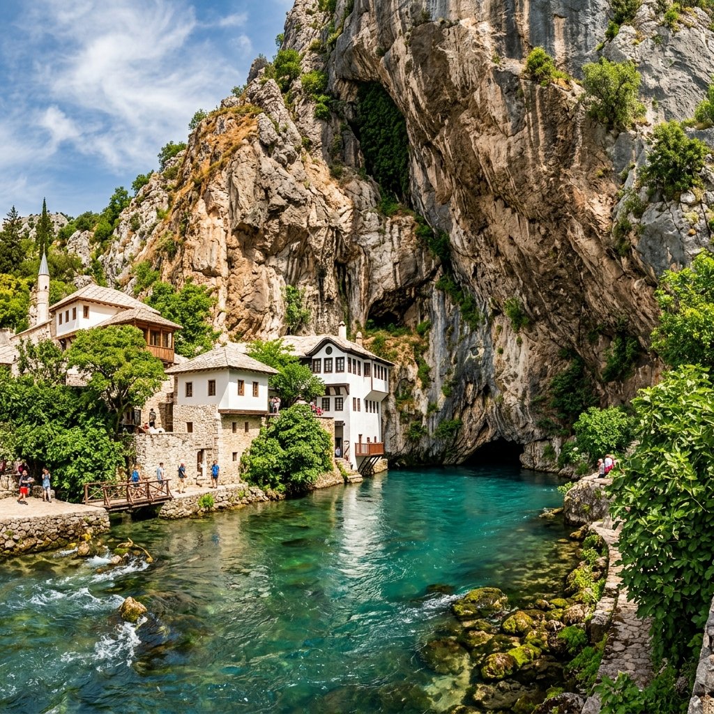 Breathtaking landscape photo of Blagaj Tekke dervish monastery built into vertical cliff next to spring source of Buna River