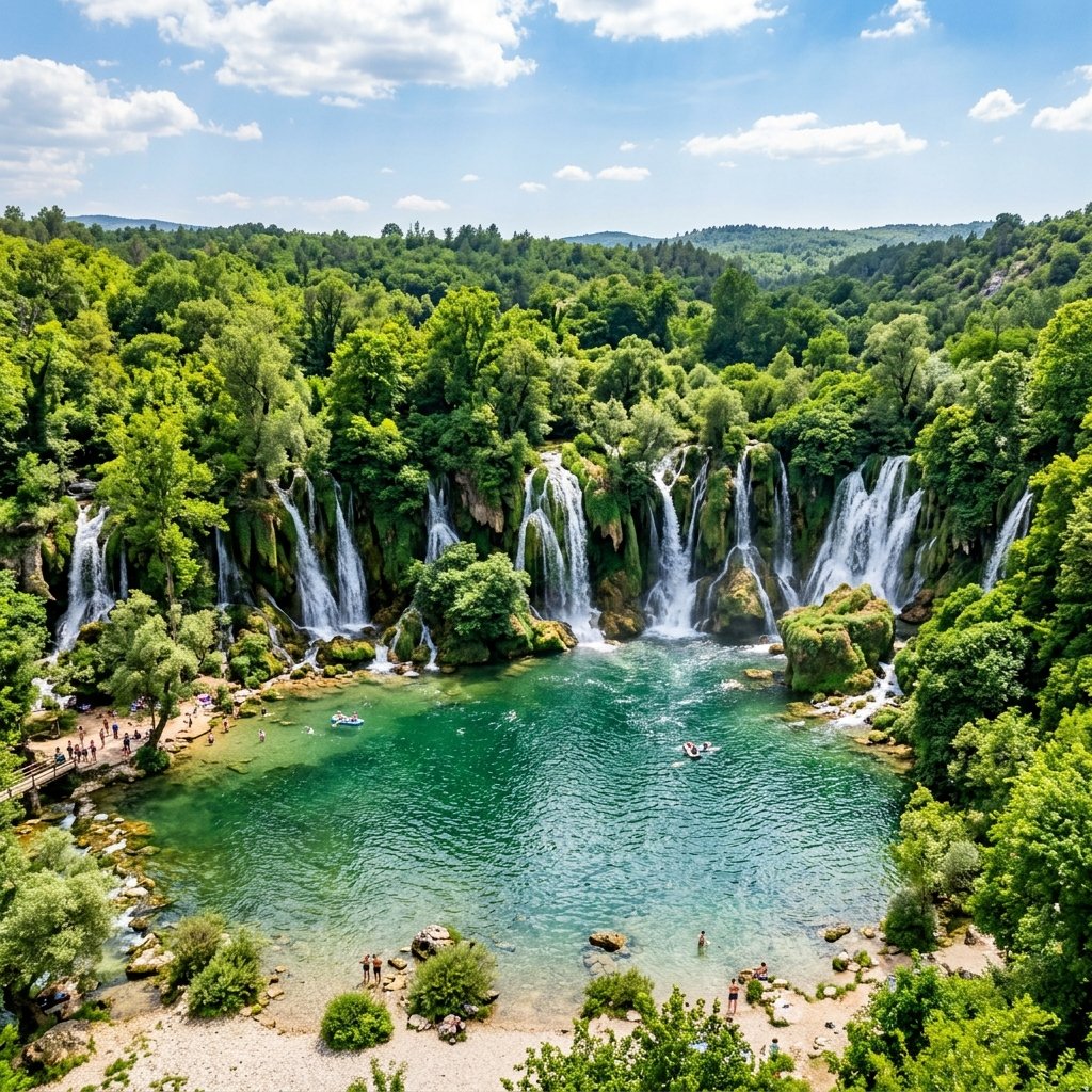 As belissimas cascatas de Kravica na Bosnia caindo no meio de florestas verdejantes