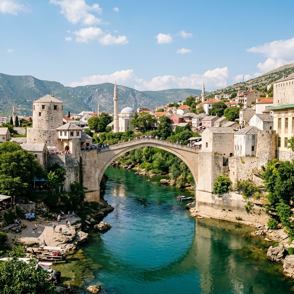 High quality travel photo of historic stone Stari Most Old Bridge in Mostar Bosnia and Herzegovina arching over green Neretva River