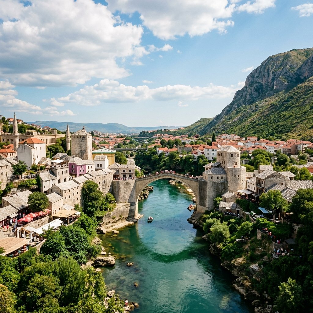 A famosa Ponte Velha Stari Most em Mostar na Bosnia sob um grande sol