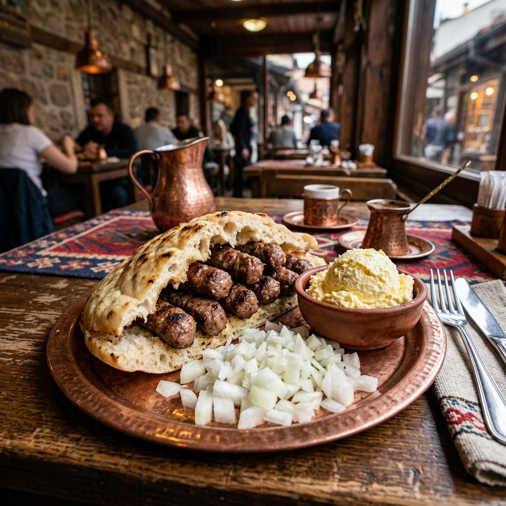 Plate of Bosnian Cevapi sausages served inside a somun flatbread with chopped raw onions and kajmak clotted cream