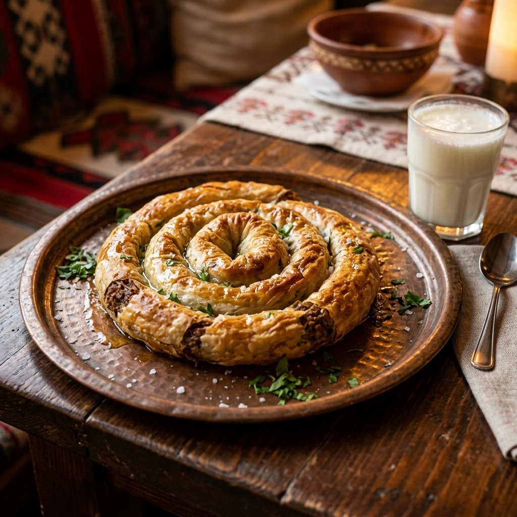 Destaque de um burek tradicional da Bosnia enrolado em espiral num prato de metal