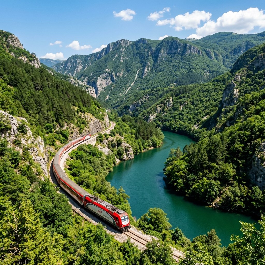 A modern Talgo passenger train winding through mountain canyon along the emerald Neretva River in Bosnia