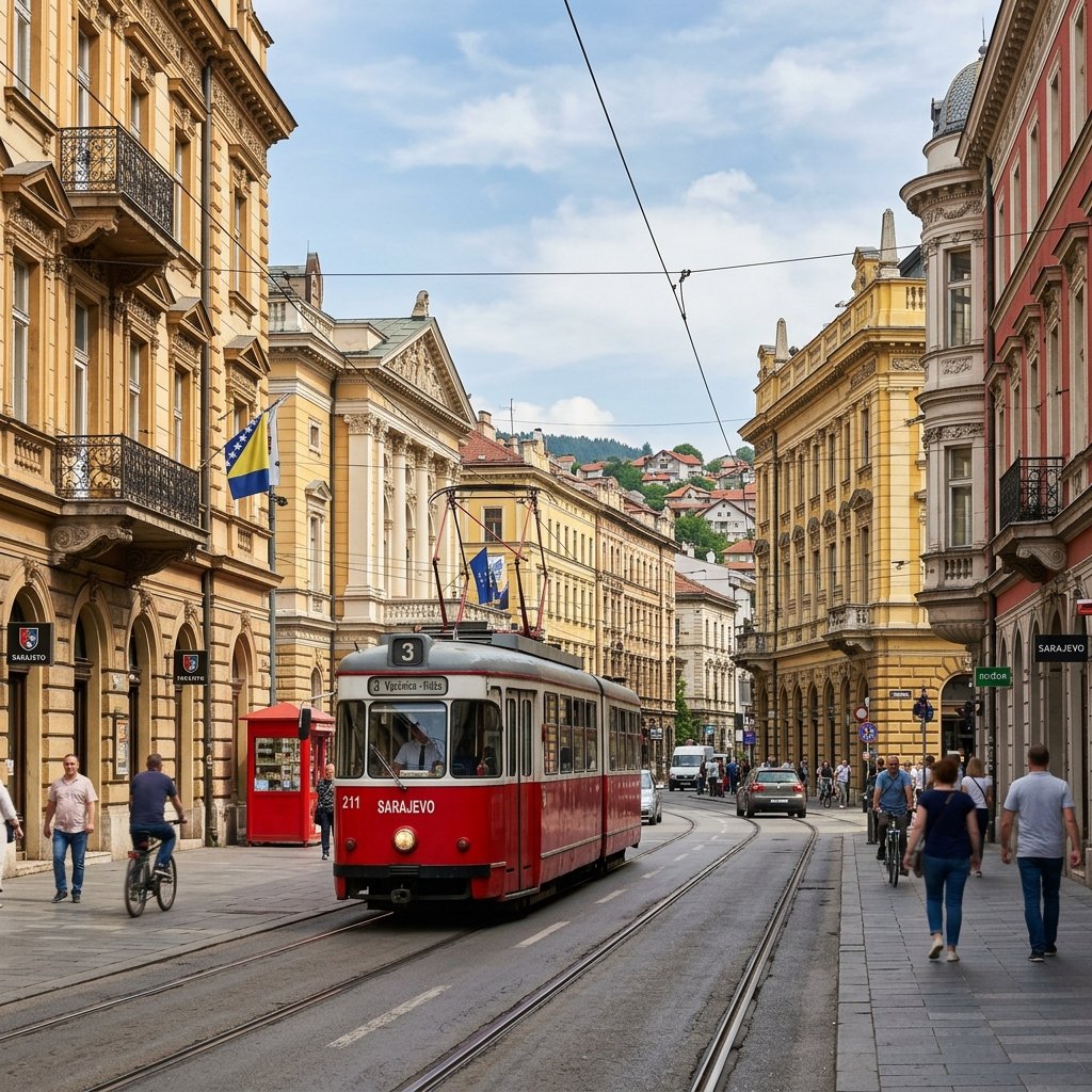 Um eletrico vermelho tradicional circulando nos carris de Sarajevo na Bosnia