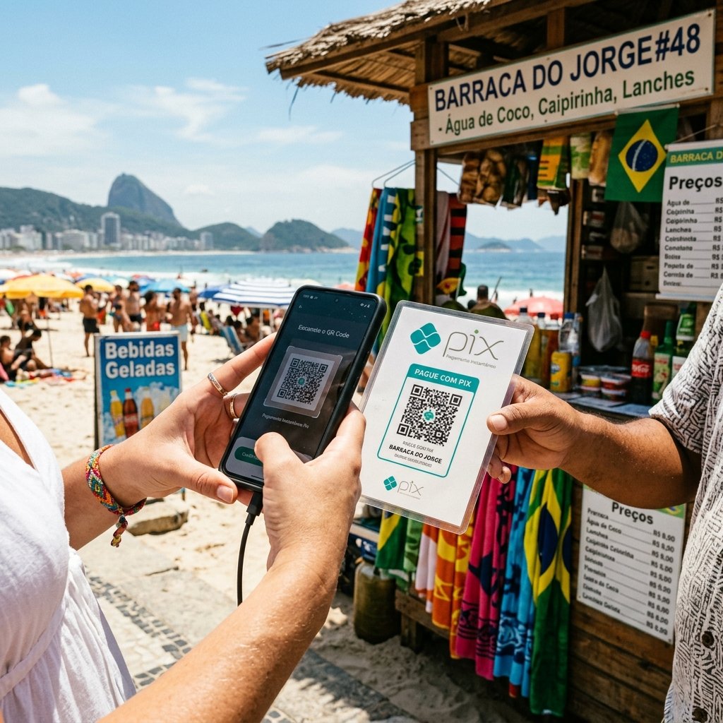 Turista digitaliza um código Pix QR com o telemóvel para pagar num quiosque de praia no Brasil