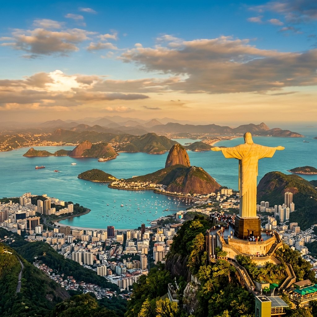 Estátua do Cristo Redentor com vista para a Baía de Guanabara no Rio de Janeiro sob a luz dourada