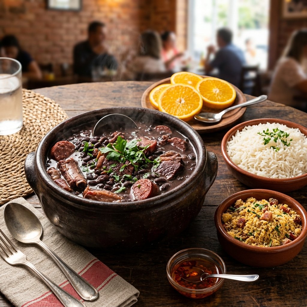 Tradicional feijoada brasileira servida numa panela de barro com arroz, farofa e rodelas de laranja
