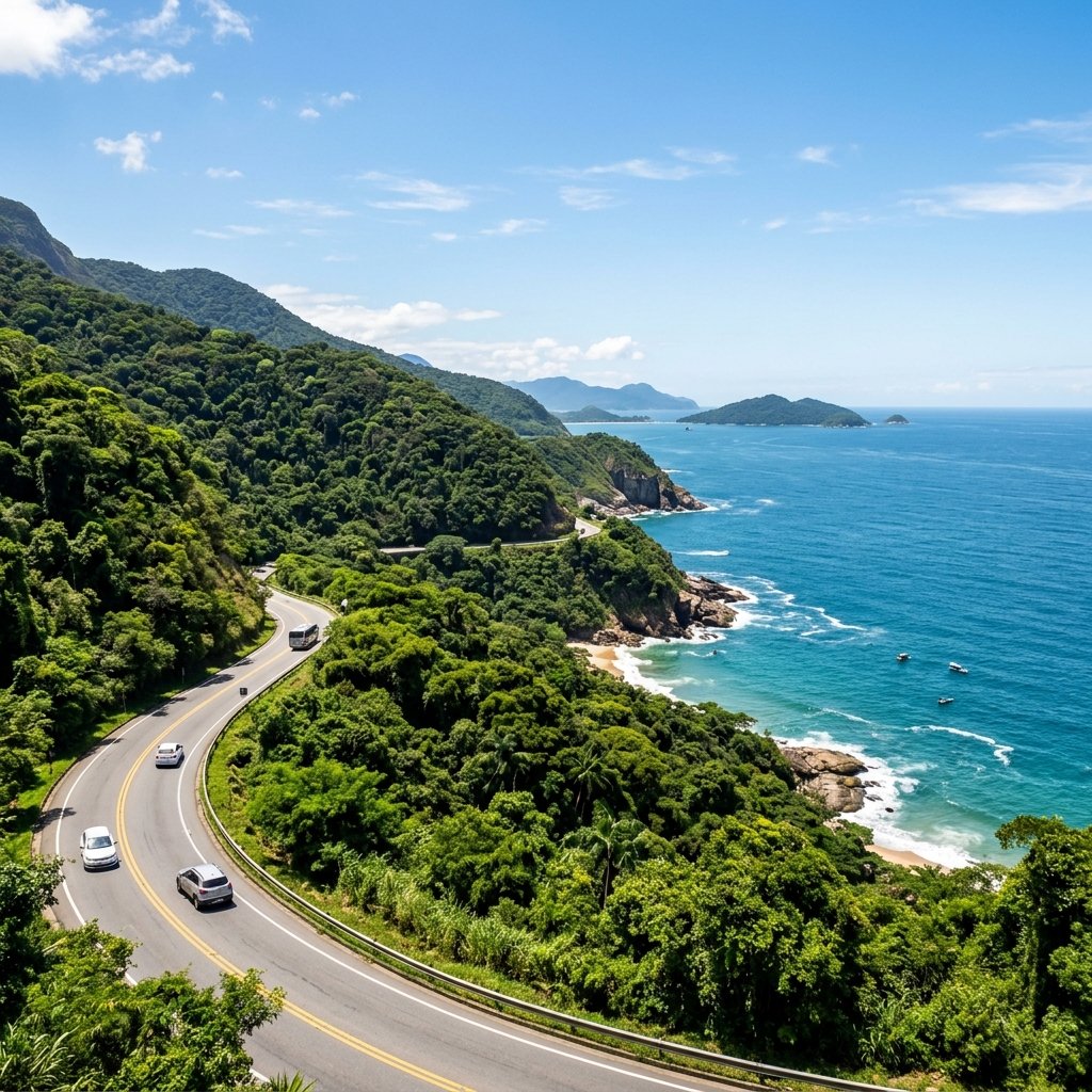 Autoestrada panorâmica que acompanha a costa da floresta atlântica no Brasil