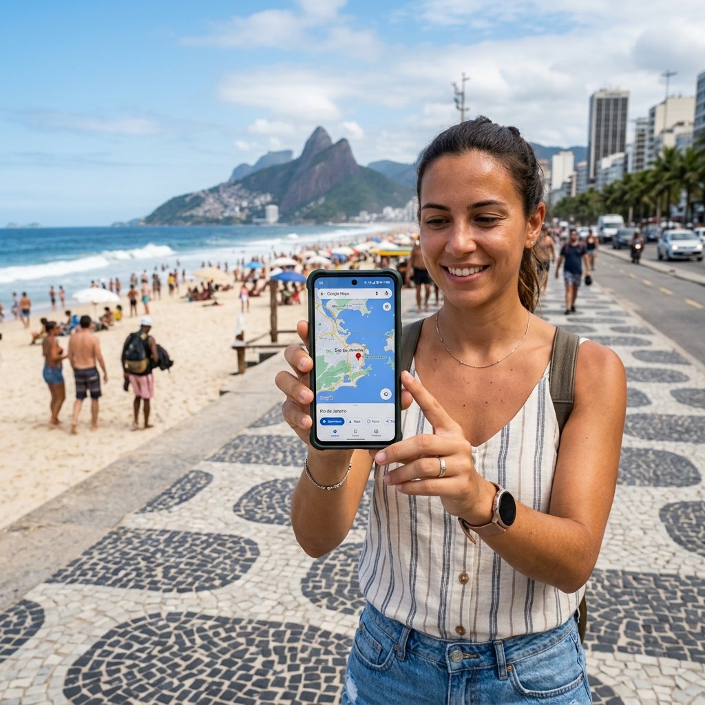 Turista com ligação 5G no telemóvel em São Paulo