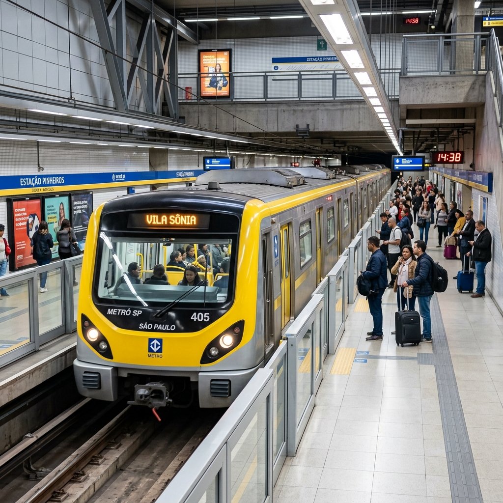 Comboio do metro limpo e moderno a entrar numa estação em São Paulo