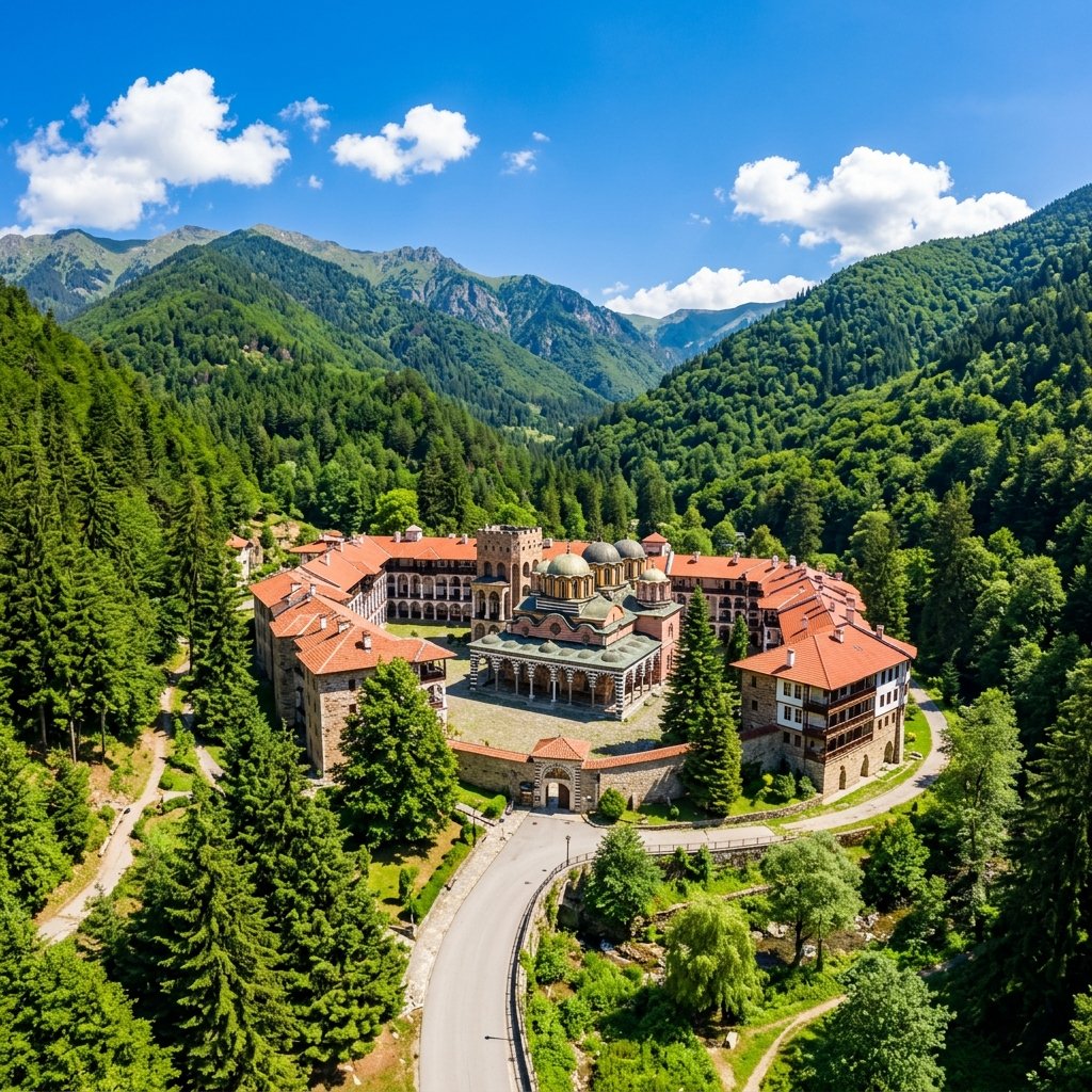 The historic Rila Monastery with its black and white arches nestled in the green forested mountains of Bulgaria