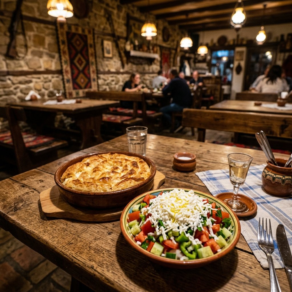 A mouthwatering spread of traditional Banitsa pastry crispy Shopska Salad and a glass of Rakia brandy