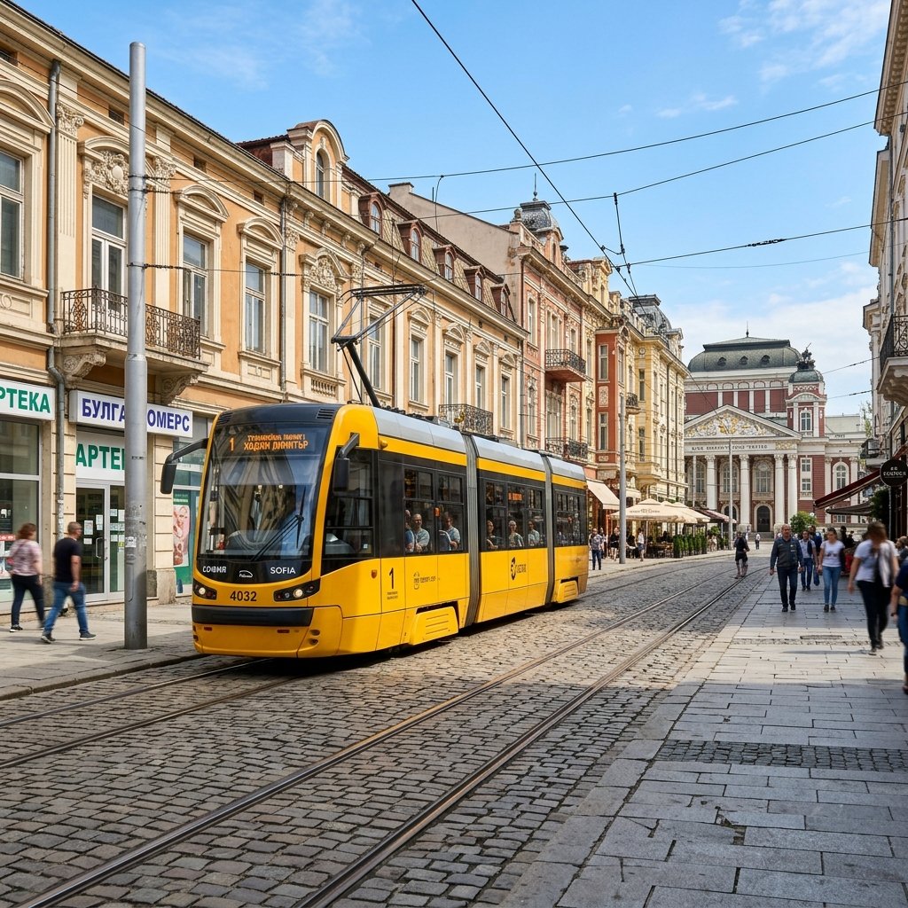 A modern yellow Sofia tram sliding past historic buildings on a cobblestone street in Sofia