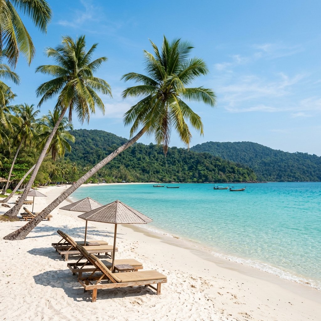 Stunning view of a tropical white-sand beach with palm trees and turquoise water on Koh Rong island Cambodia