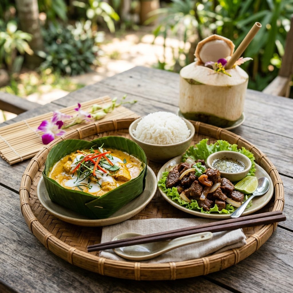 Steaming bowl of traditional Cambodian Fish Amok curry served in a banana leaf next to beef Lok Lak and rice