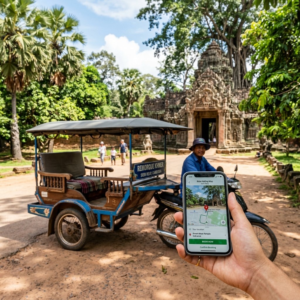 A traditional wooden Cambodian remorque tuk-tuk in Siem Reap with a traveler booking a ride on a mobile phone